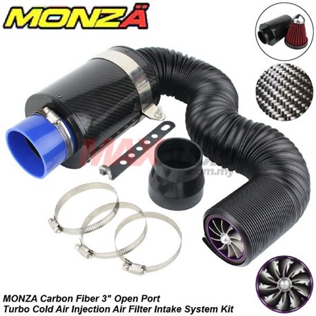 MONZA 3" Carbon Fiber Universal Fit Open Port Turbo Cold Air Injection Air Filter Intake System Kit