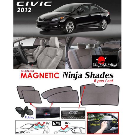 HONDA CIVIC FB 2012 - 2015 NINJA SHADES UV Proof Custom Fit Car Door Window Magnetic Sun Shades (5pcs)