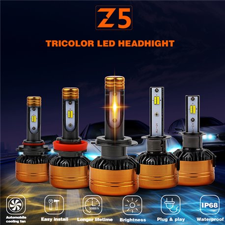 Z5 Tricolor Flip Chips 3000K 4300K 6000K Car Vehicle LED Headlight Bulb Conversion Kit with CAN-Bus System