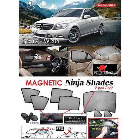 MERCEDES BENZ W204 C-Class  2007 - 2015 NINJA SHADES UV Proof Custom Fit Car Door Window Magnetic Sun Shades (7pcs)