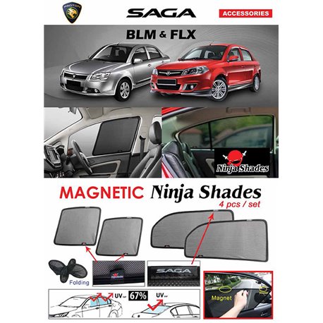 PROTON SAGA BLM FLX 2011 - 2016 NINJA SHADES UV Proof Custom Fit Car Door Window Magnetic Sun Shades (4pcs)
