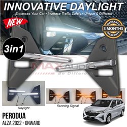 PERODUA ALZA 2022 - Onward 3in1 Front Bumper Fog Lamp Cover LED Daytime Running Light DRL with Running Turn Signal