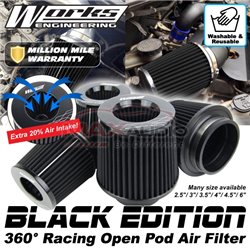 WORKS ENGINEERING SIMOTA 2.5" 3" 4" 4.5" 6" Black Edition Open Pod Port Non Woven Stainless Washable Engine Air Filter