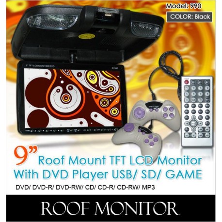 9" Roof Mount TFT Monitor DVD/MP3/CD/USB/SD with 300 Games [990 BLACK]